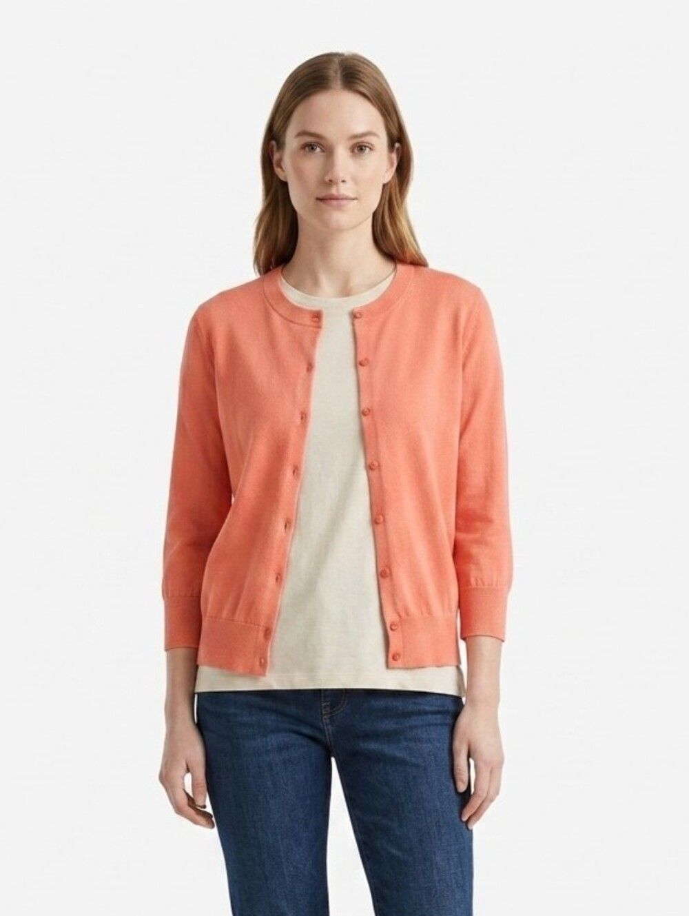 J Crew Clare Cardigan Coral Pink 100% Cotton Button Front Knit Sweater Small S